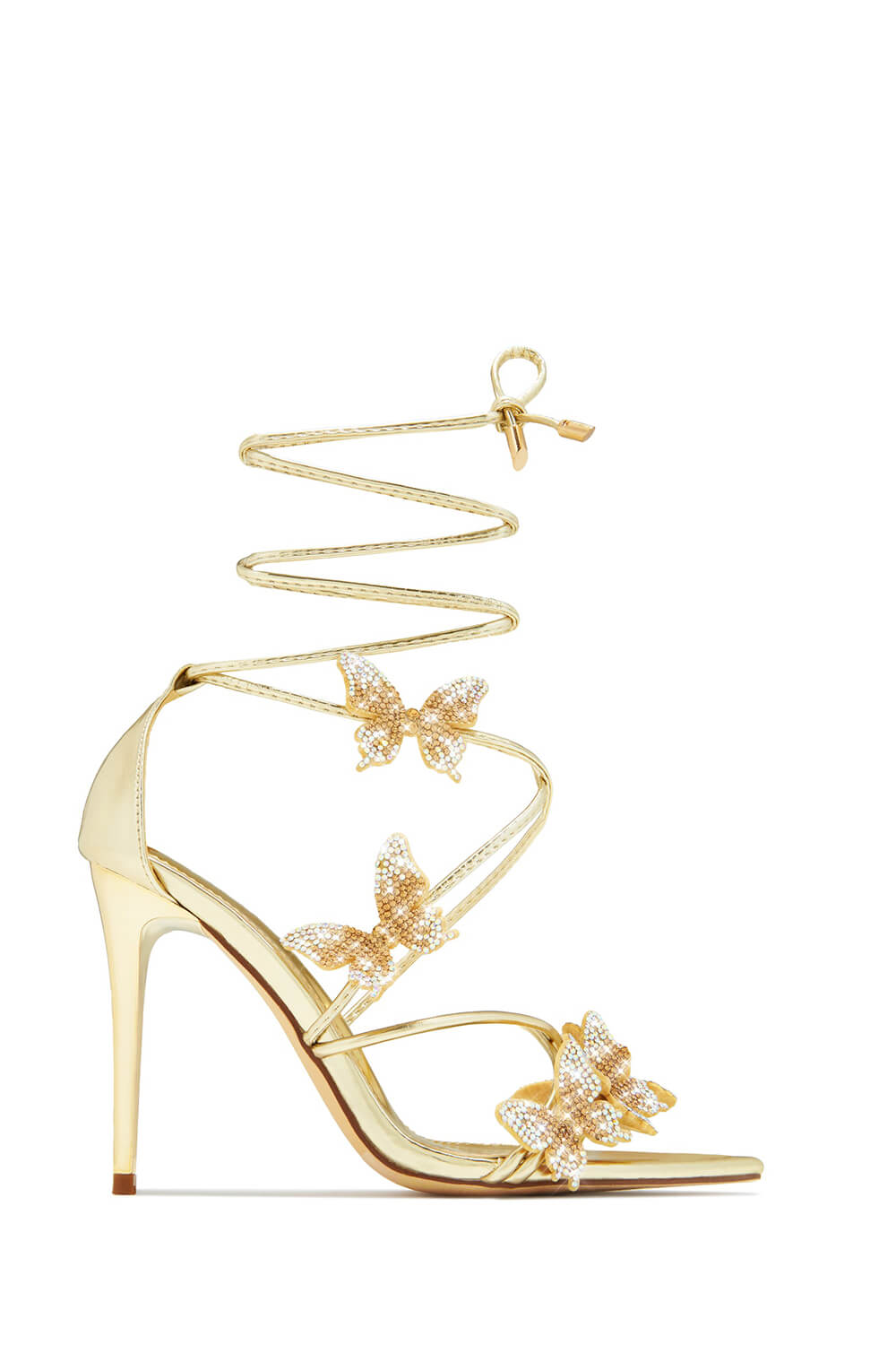 Crystal-Embellished Butterfly Lace Up Pointed Toe Stiletto Sandals