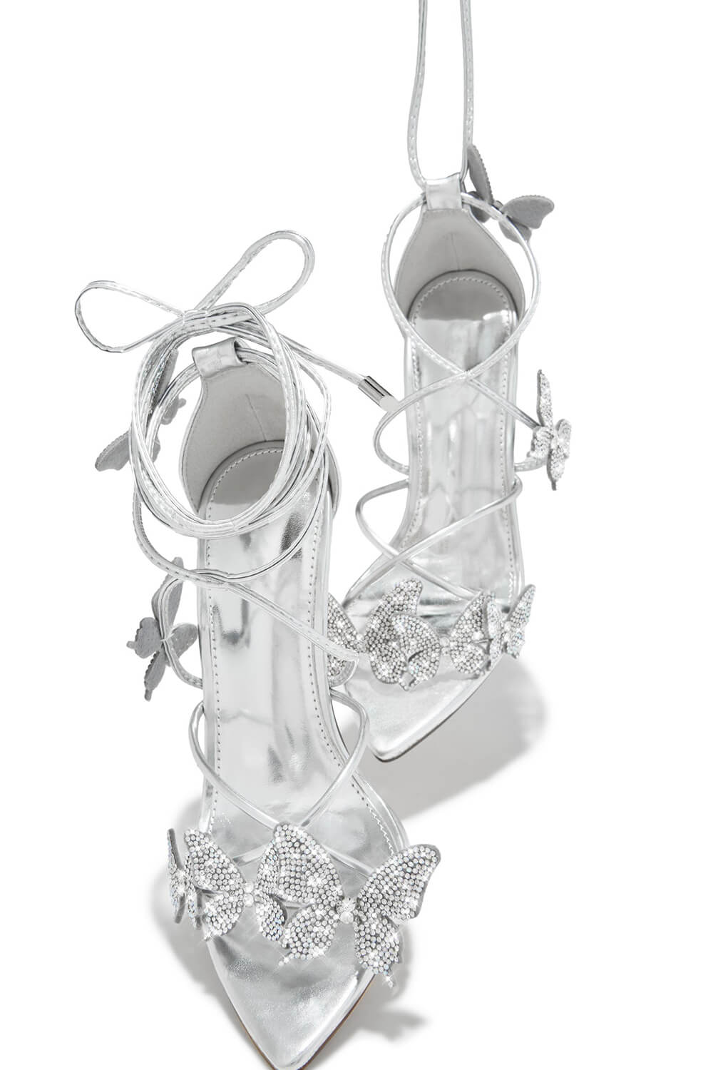 Crystal-Embellished Butterfly Lace Up Pointed Toe Stiletto Sandals