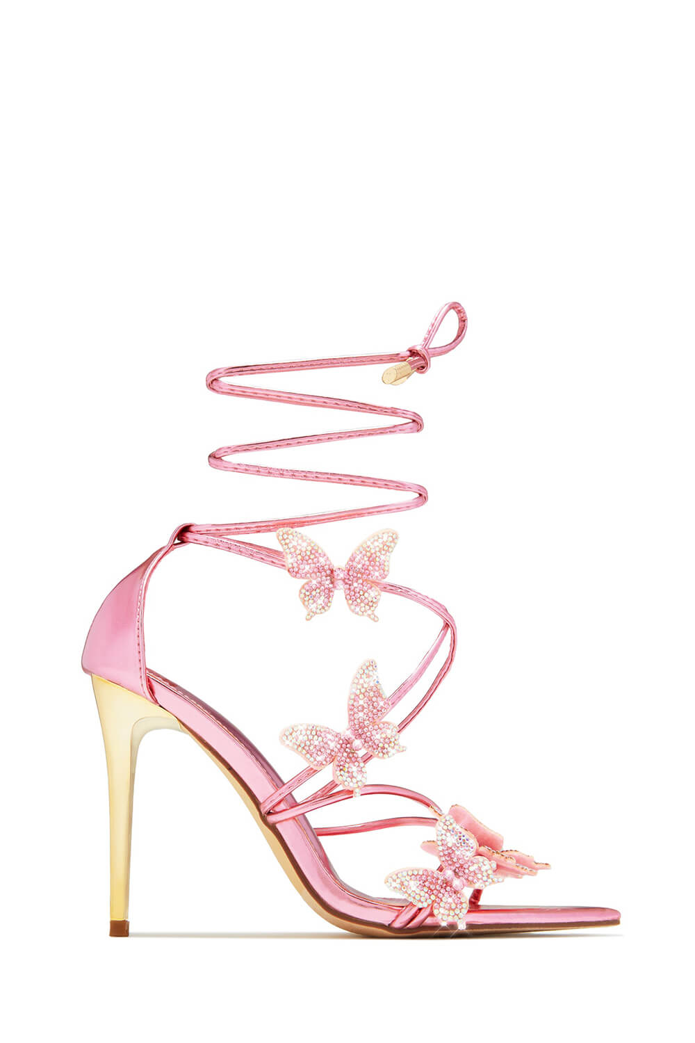 Crystal-Embellished Butterfly Lace Up Pointed Toe Stiletto Sandals