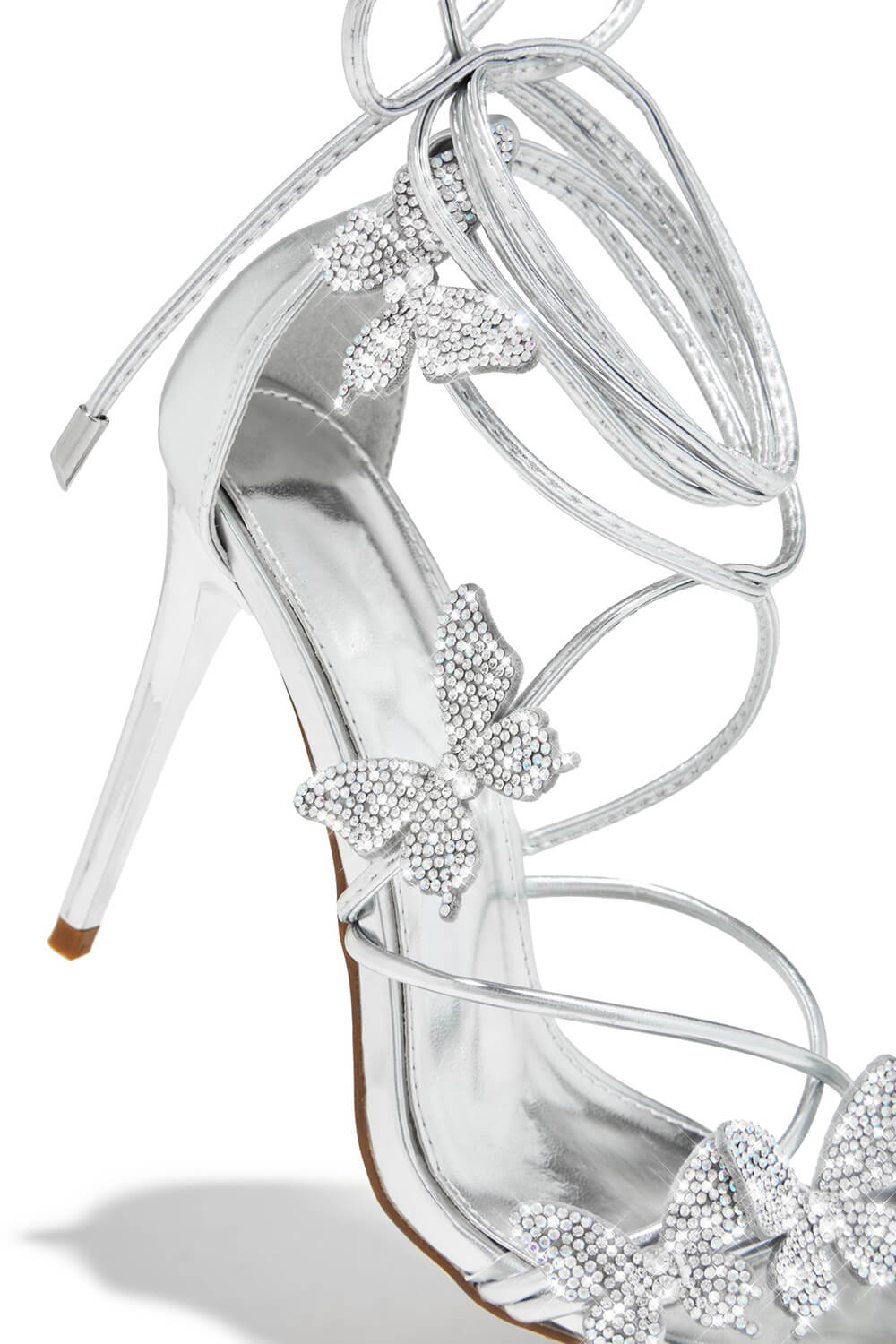 Crystal-Embellished Butterfly Lace Up Pointed Toe Stiletto Sandals