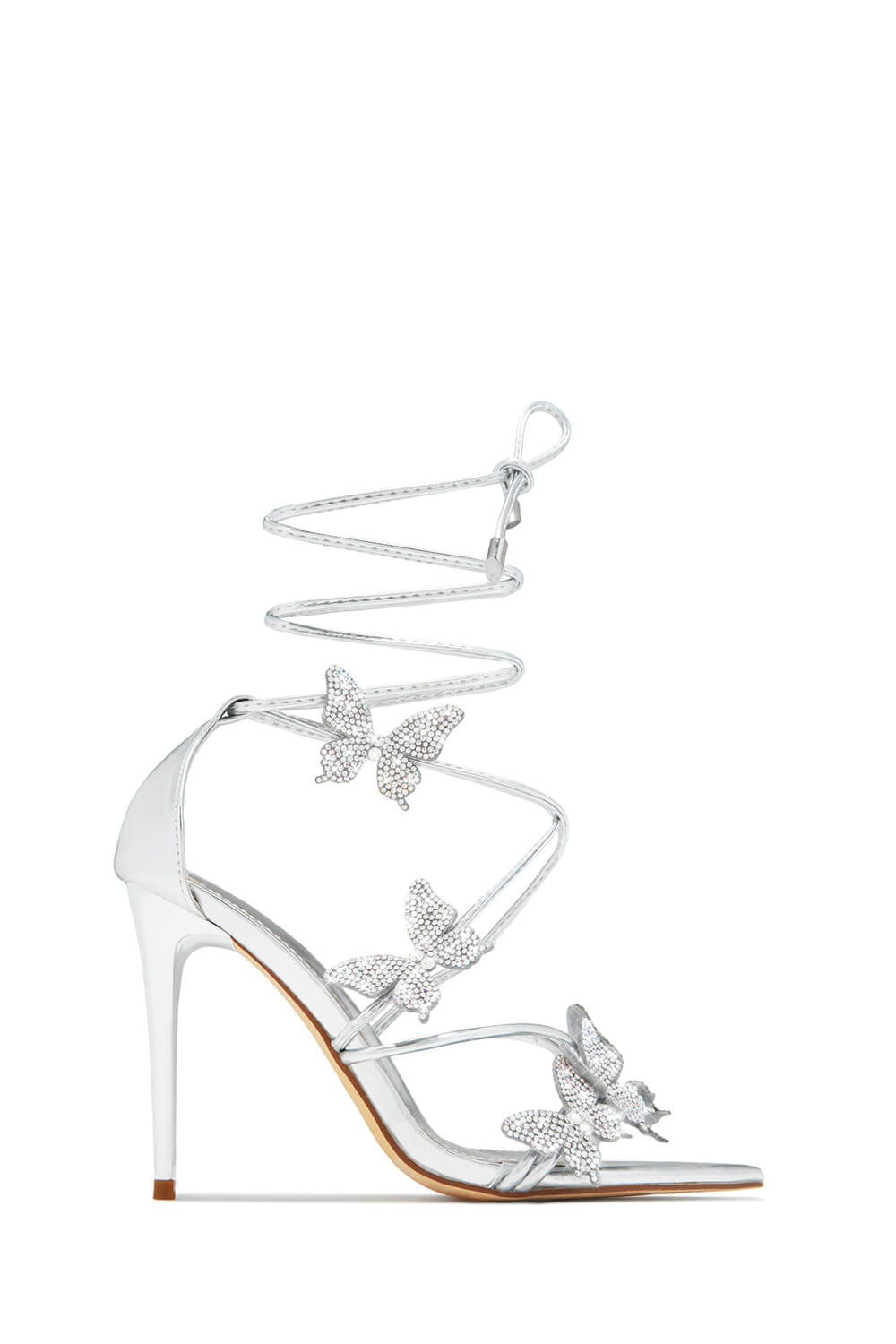 Crystal-Embellished Butterfly Lace Up Pointed Toe Stiletto Sandals