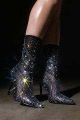 Crystal-Embellished Mesh Mid-Calf Pointed Toe Stiletto Heel Bootie