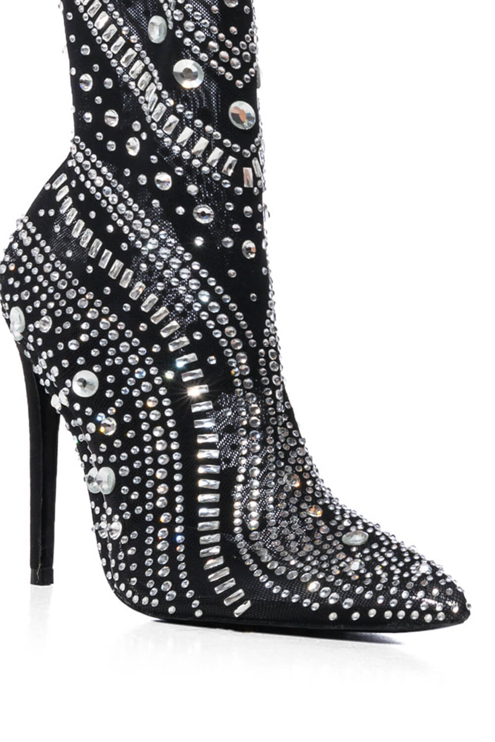 Crystal-Embellished Mesh Mid-Calf Pointed Toe Stiletto Heel Bootie