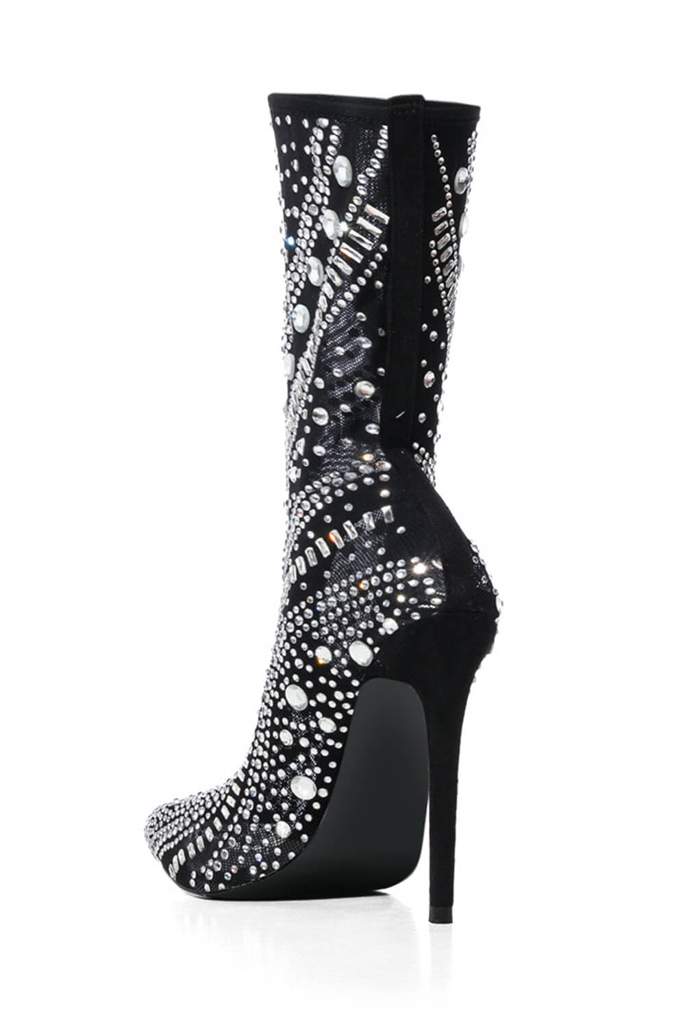 Crystal-Embellished Mesh Mid-Calf Pointed Toe Stiletto Heel Bootie