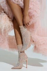 Crystal-Embellished Mesh Mid-Calf Pointed Toe Stiletto Heel Bootie