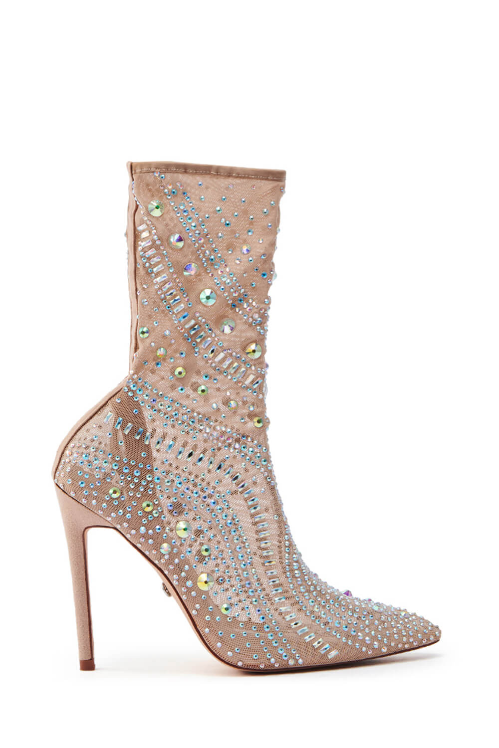 Crystal-Embellished Mesh Mid-Calf Pointed Toe Stiletto Heel Bootie