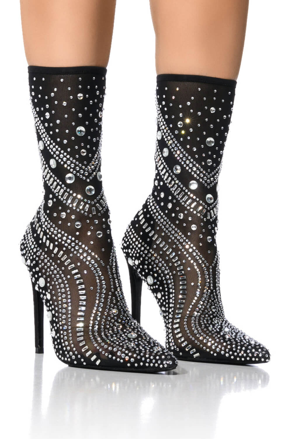 Crystal-Embellished Mesh Mid-Calf Pointed Toe Stiletto Heel Bootie