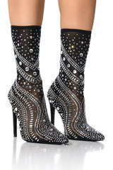 Crystal-Embellished Mesh Mid-Calf Pointed Toe Stiletto Heel Bootie