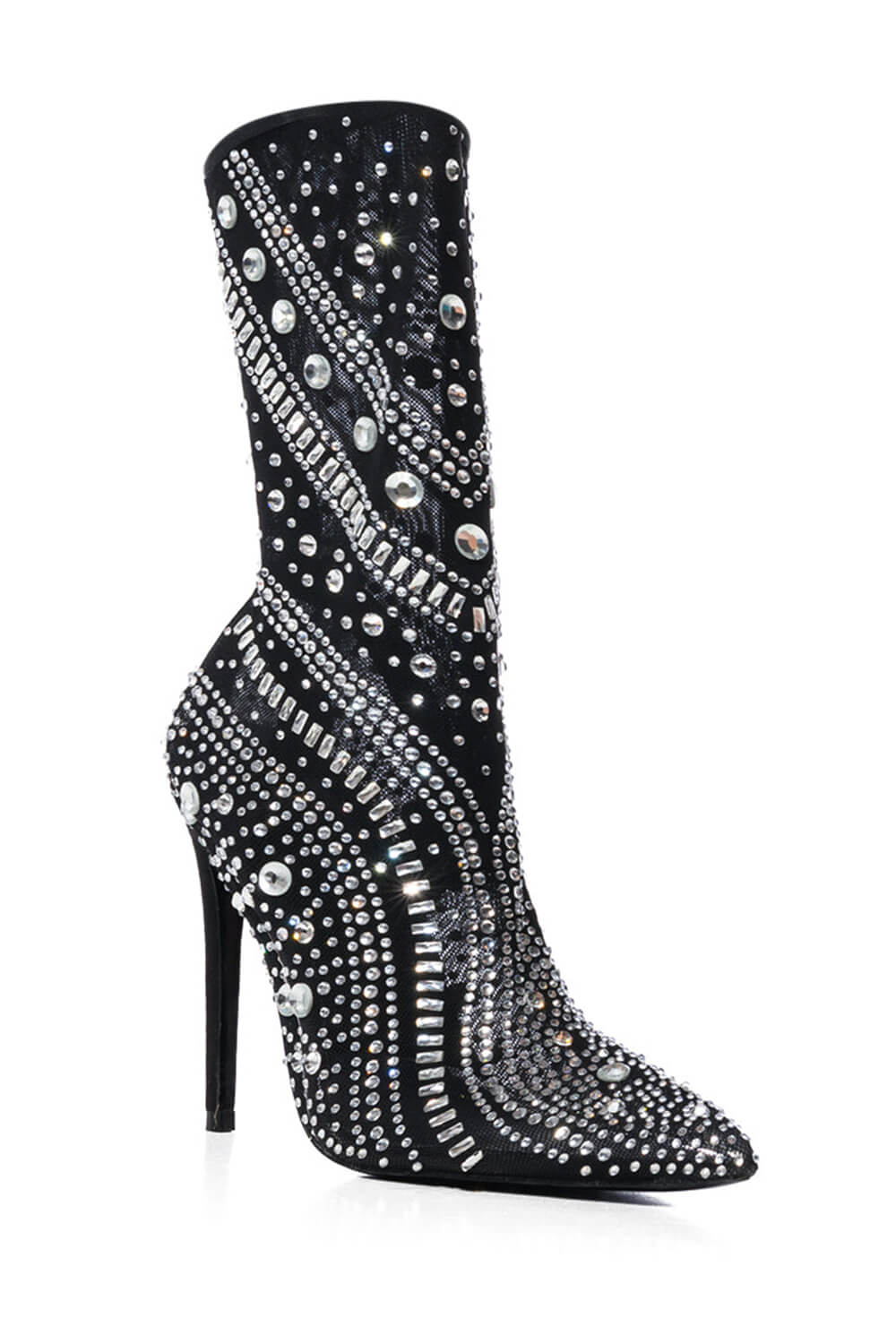 Crystal-Embellished Mesh Mid-Calf Pointed Toe Stiletto Heel Bootie