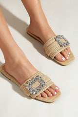 Raffia Embellished Buckle Slip On Flat Sandals