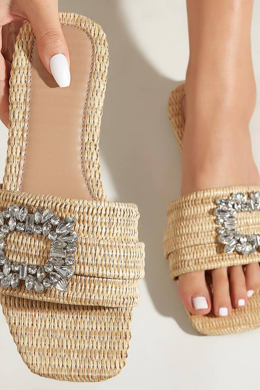 Raffia Embellished Buckle Slip On Flat Sandals