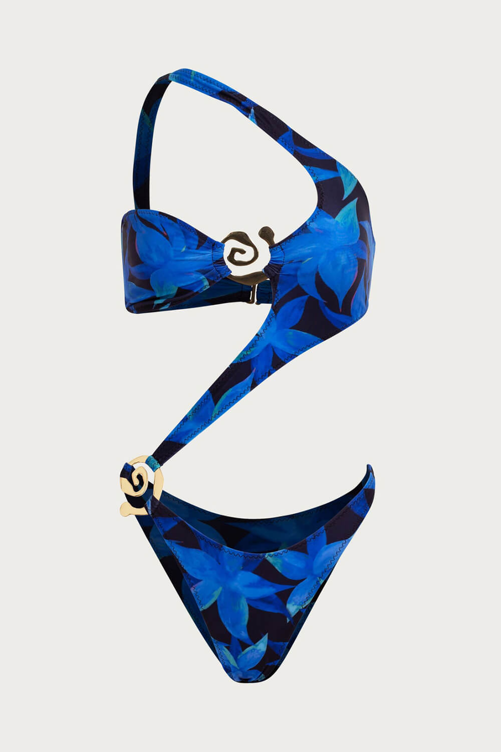 Tropical One Shoulder One Piece Swimsuit With Gold Spiral Hardware Details