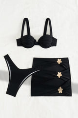 Ruched Balconette Underwire Bikini Set With Cut Out Mini Skirt - Black