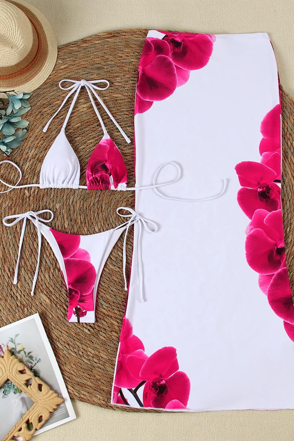 Floral Print Triangle Halter High-Cut Bikini Set & Maxi Skirt