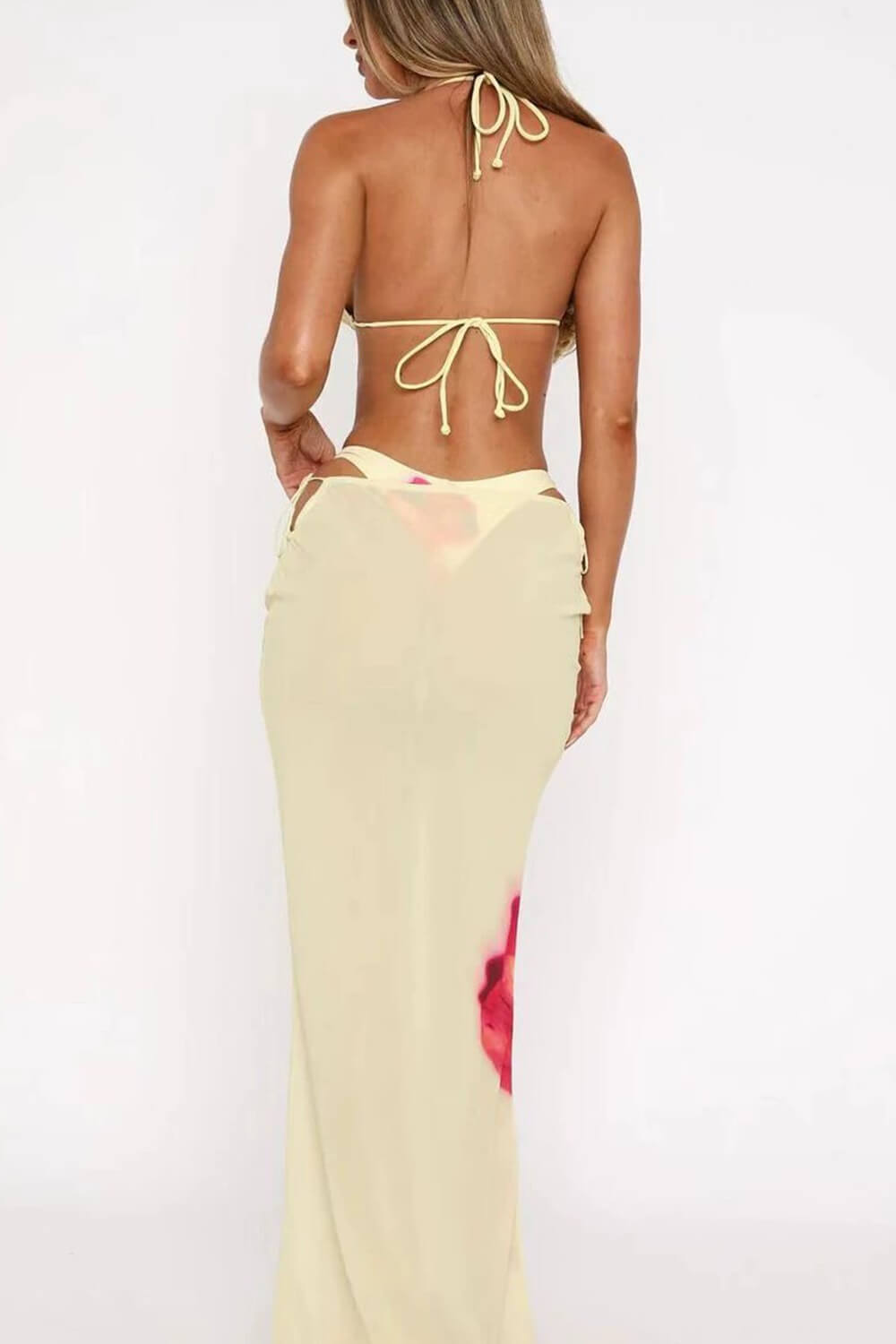 Floral Print Triangle Halter High-Cut Bikini Set & Maxi Skirt