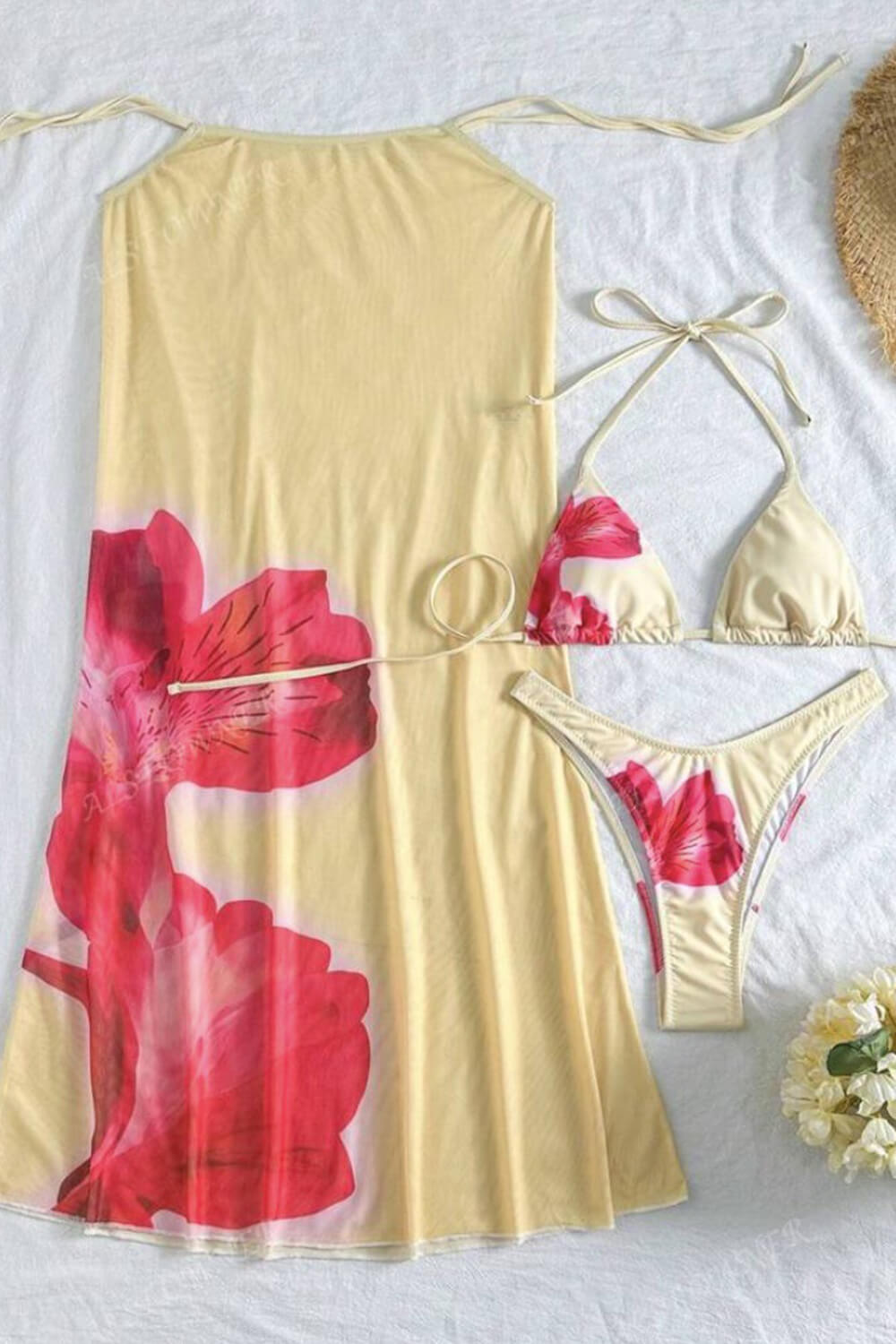 Floral Print Triangle Halter High-Cut Bikini Set & Maxi Skirt