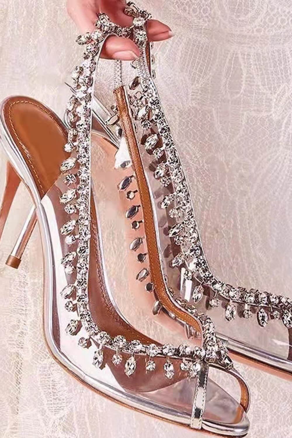 Transparent Crystal Embellished Pvc Open Toe Slingback Pump Heels