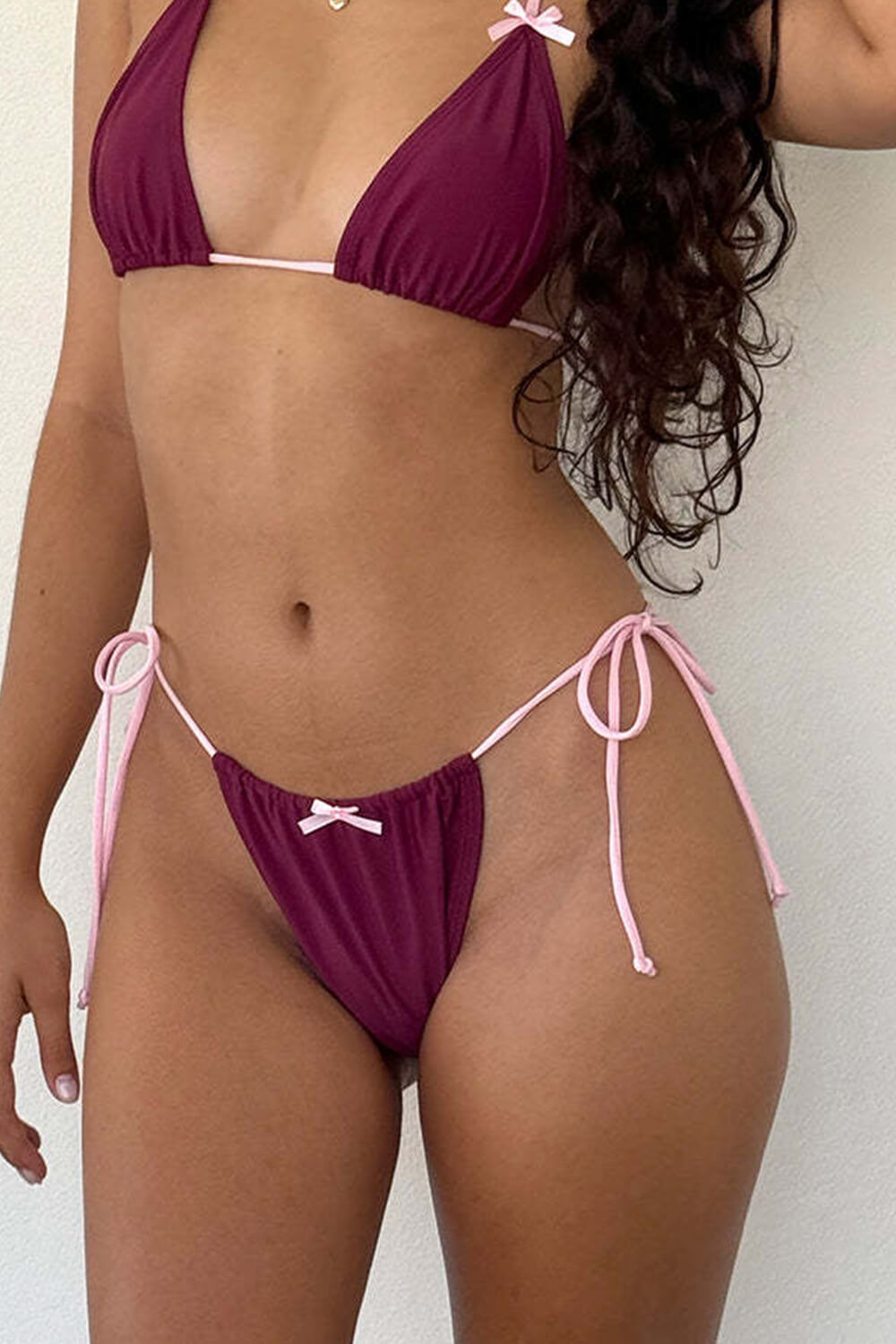 Contrast Triangle Halter Tie Side Bikini Set With Bows Detailing
