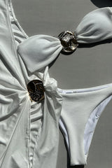 Metal Oyster Decored Bandeau High Leg Bikini Set With Asymmetrical Sarong