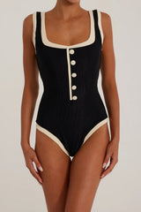 Color Block Button Front High-Cut Bikini Set