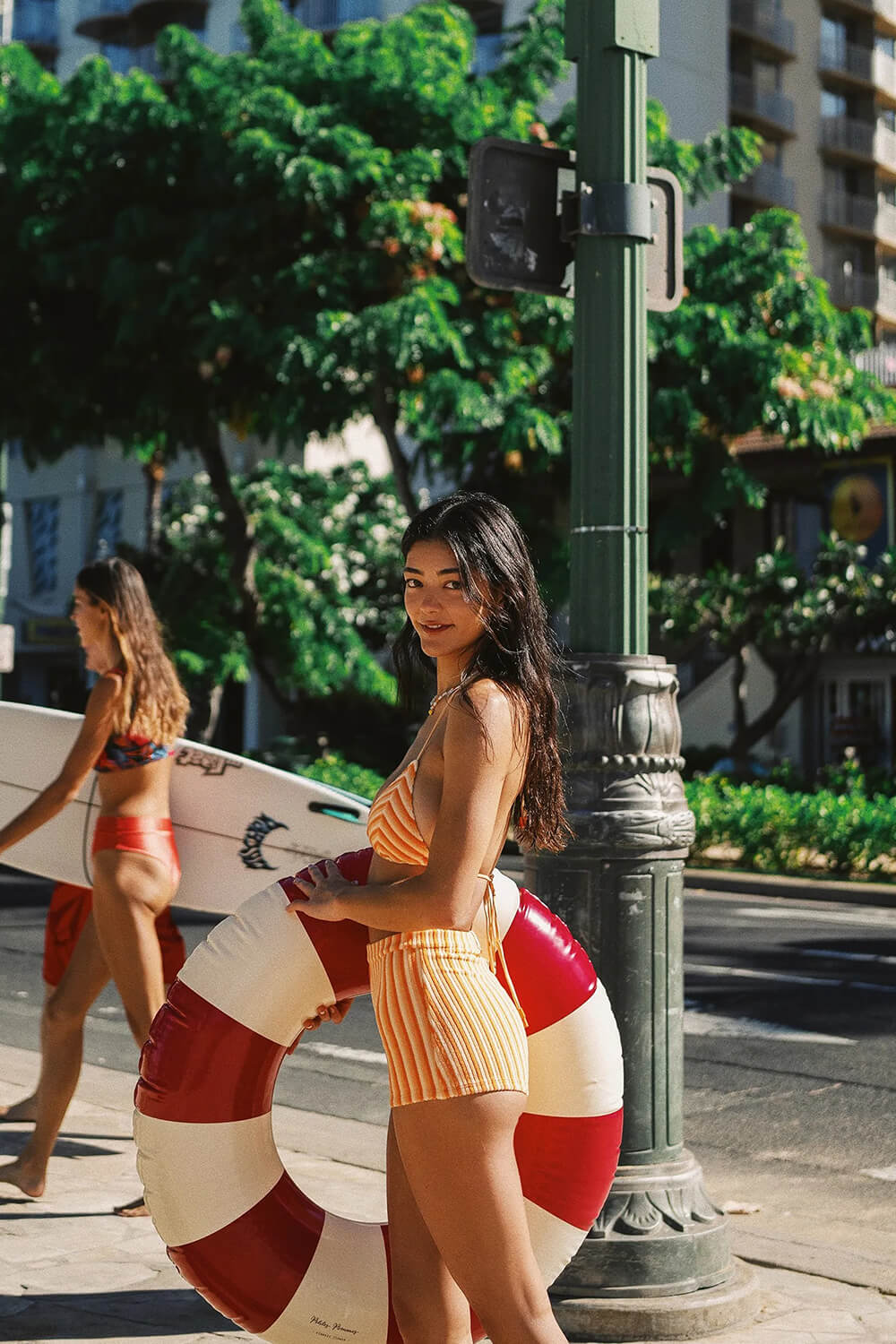 Striped Print Terry Triangle Bikini Top And High Waisted Boyshorts