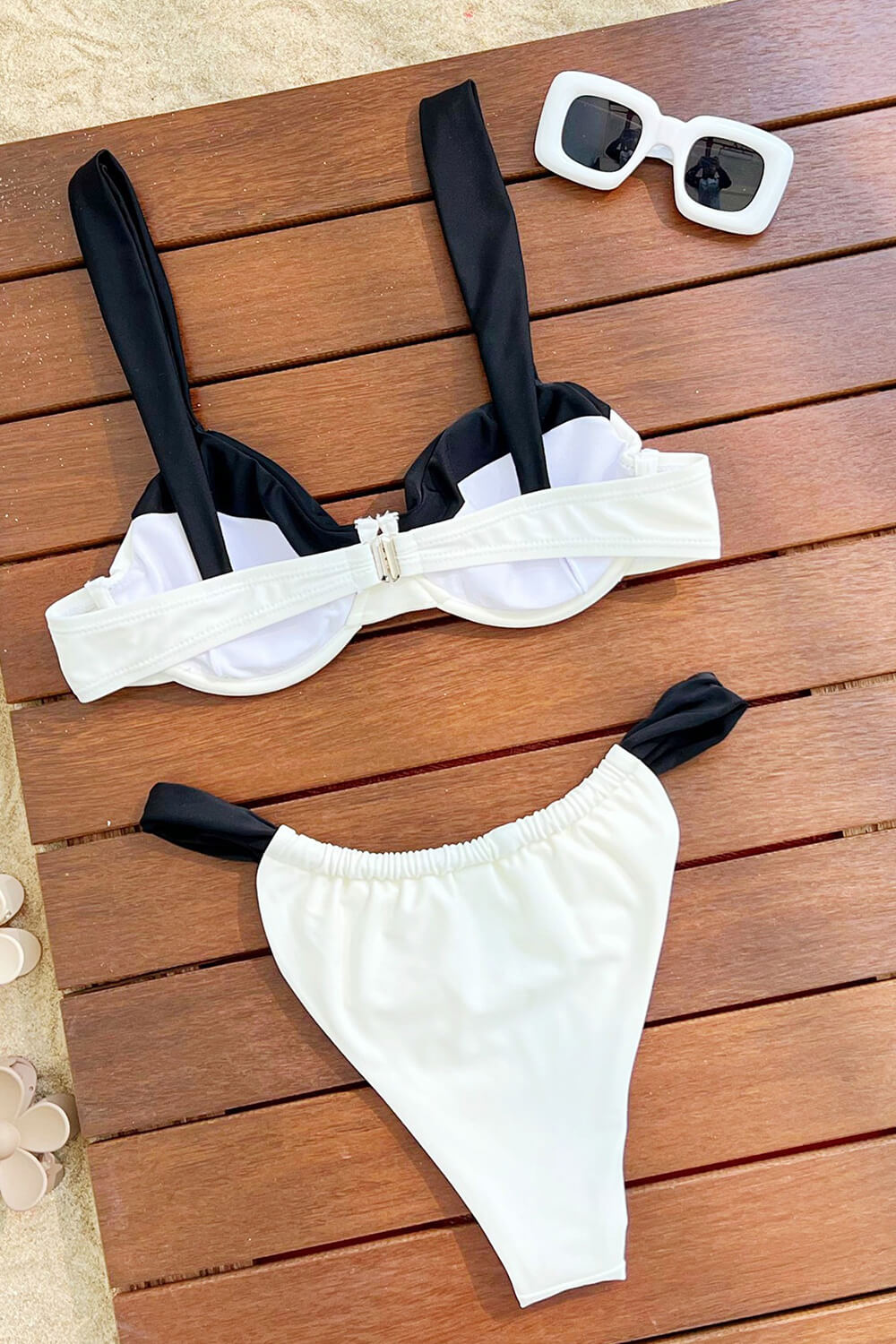 Black & White Two-Tone Balconette Underwire Ruched Bikini Set
