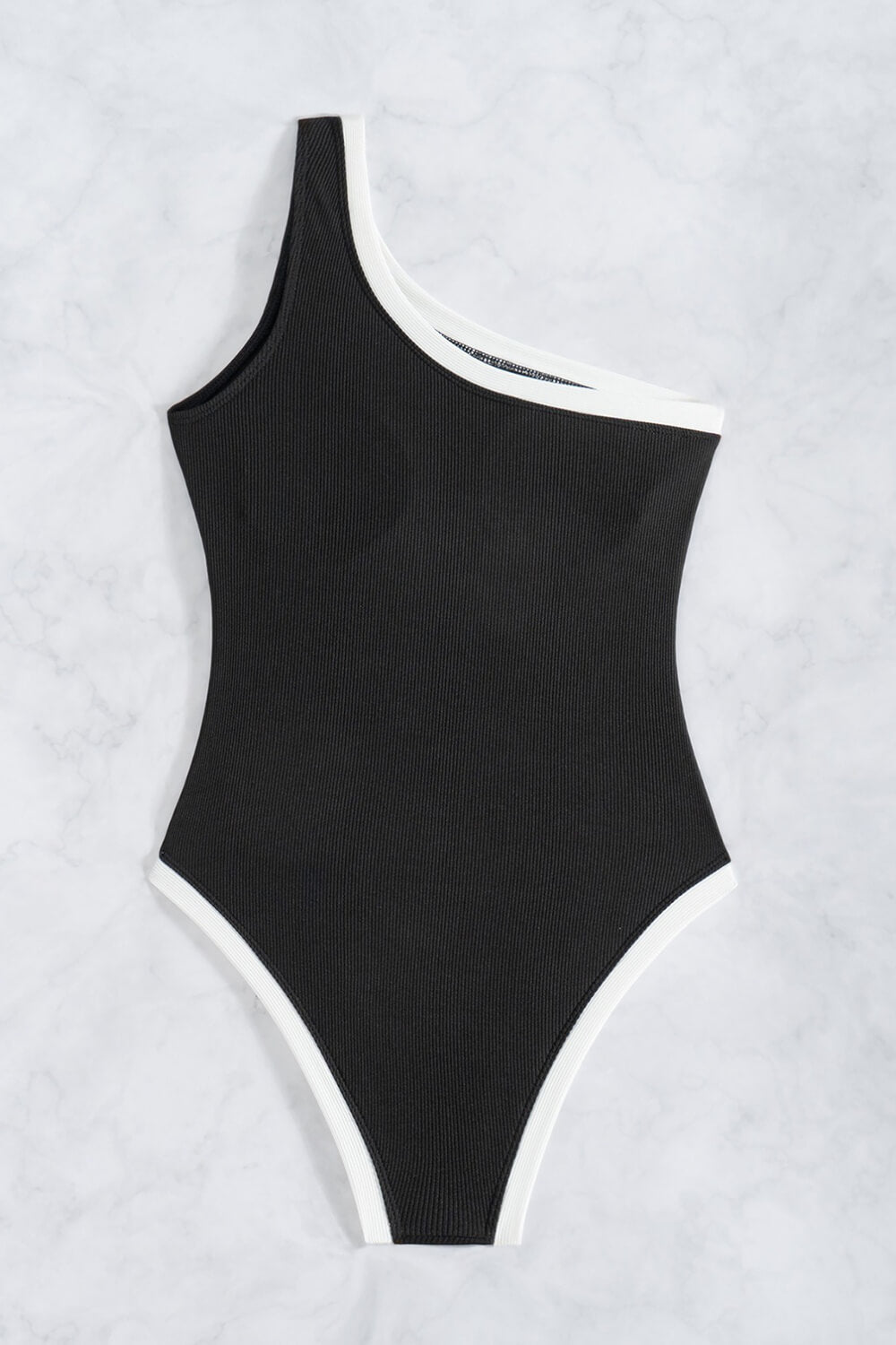 Contrast Trim Colorblock Ribbed One Shoulder One Piece Swimsuit