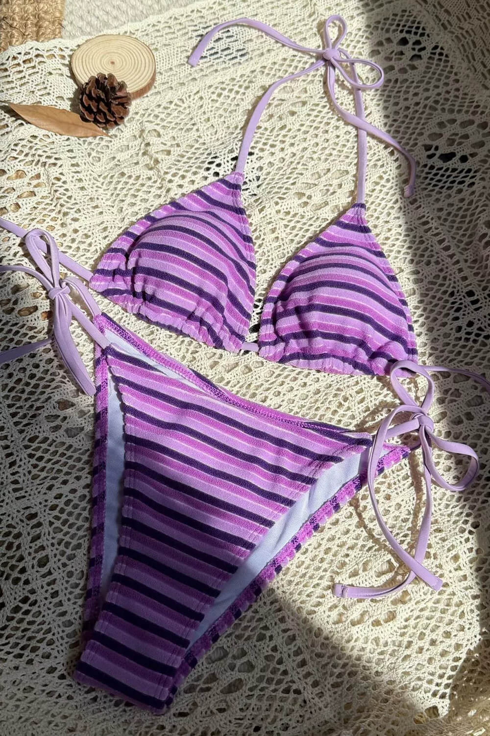 Multi Striped Print Terry Triangle Halter Tie Side Bikini Set