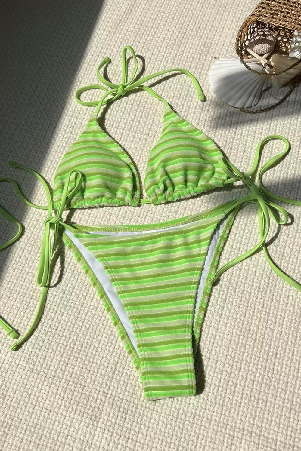 Multi Striped Print Terry Triangle Halter Tie Side Bikini Set