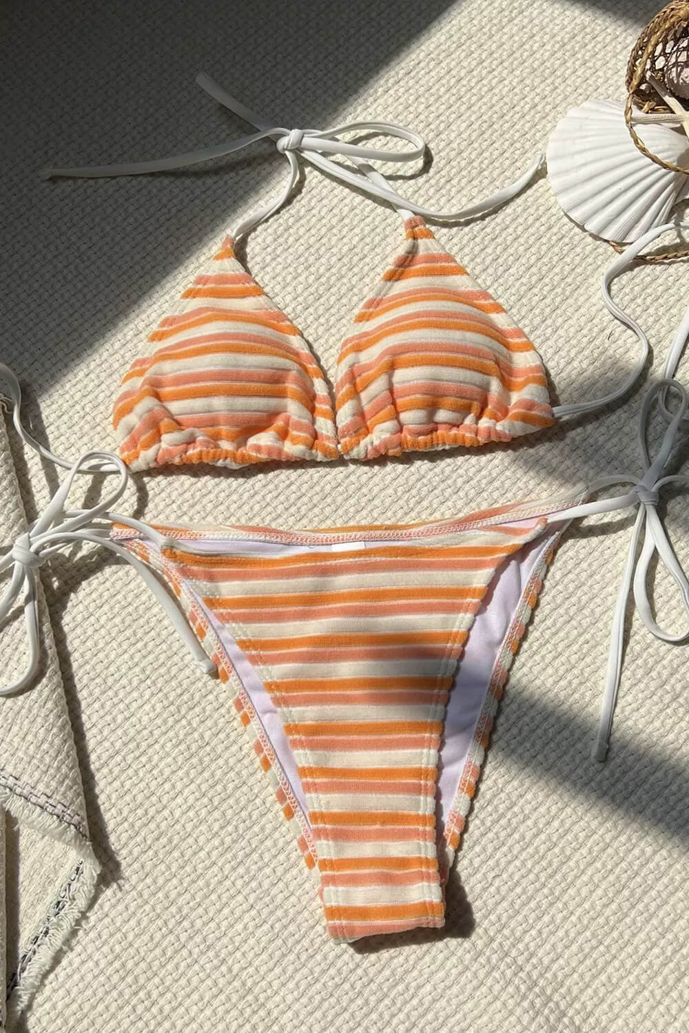 Multi Striped Print Terry Triangle Halter Tie Side Bikini Set