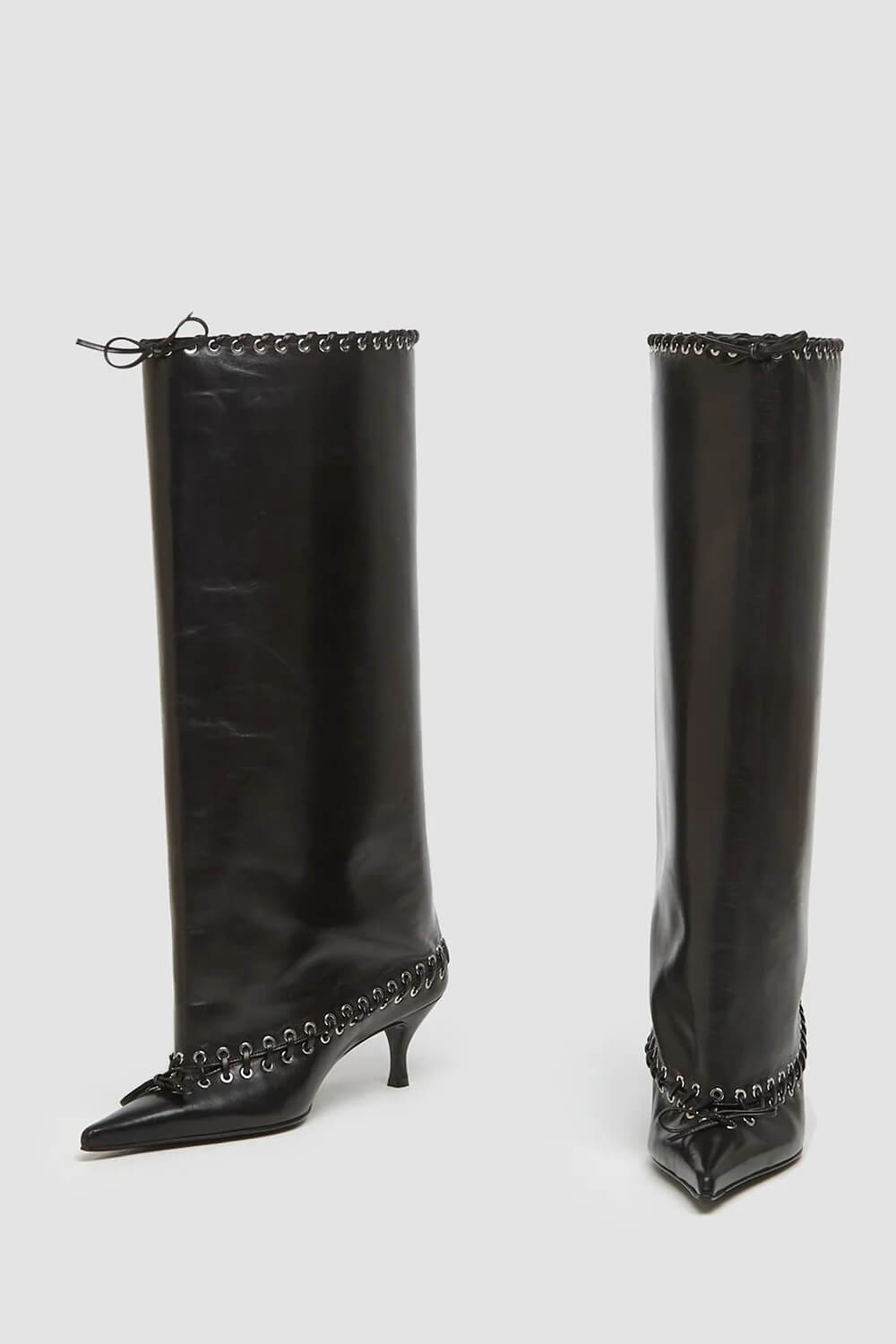 Faux Leather Pointed Toe Laced Eyelet Knee High Boots