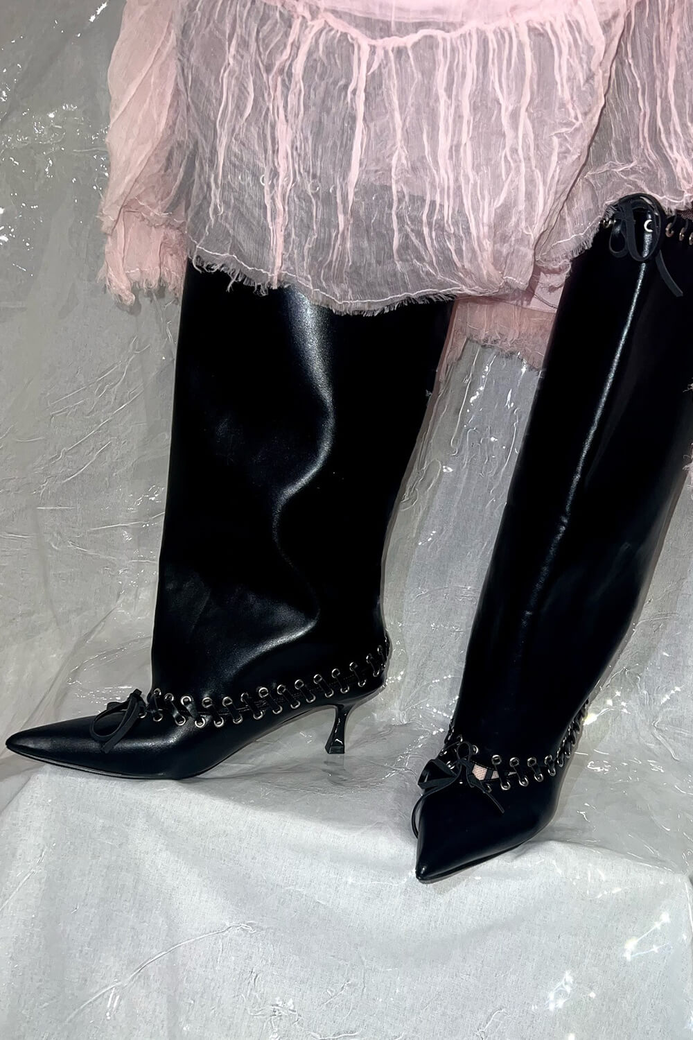 Faux Leather Pointed Toe Laced Eyelet Knee High Boots