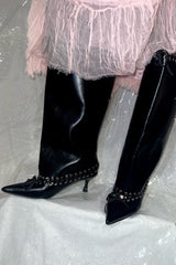 Faux Leather Pointed Toe Laced Eyelet Knee High Boots