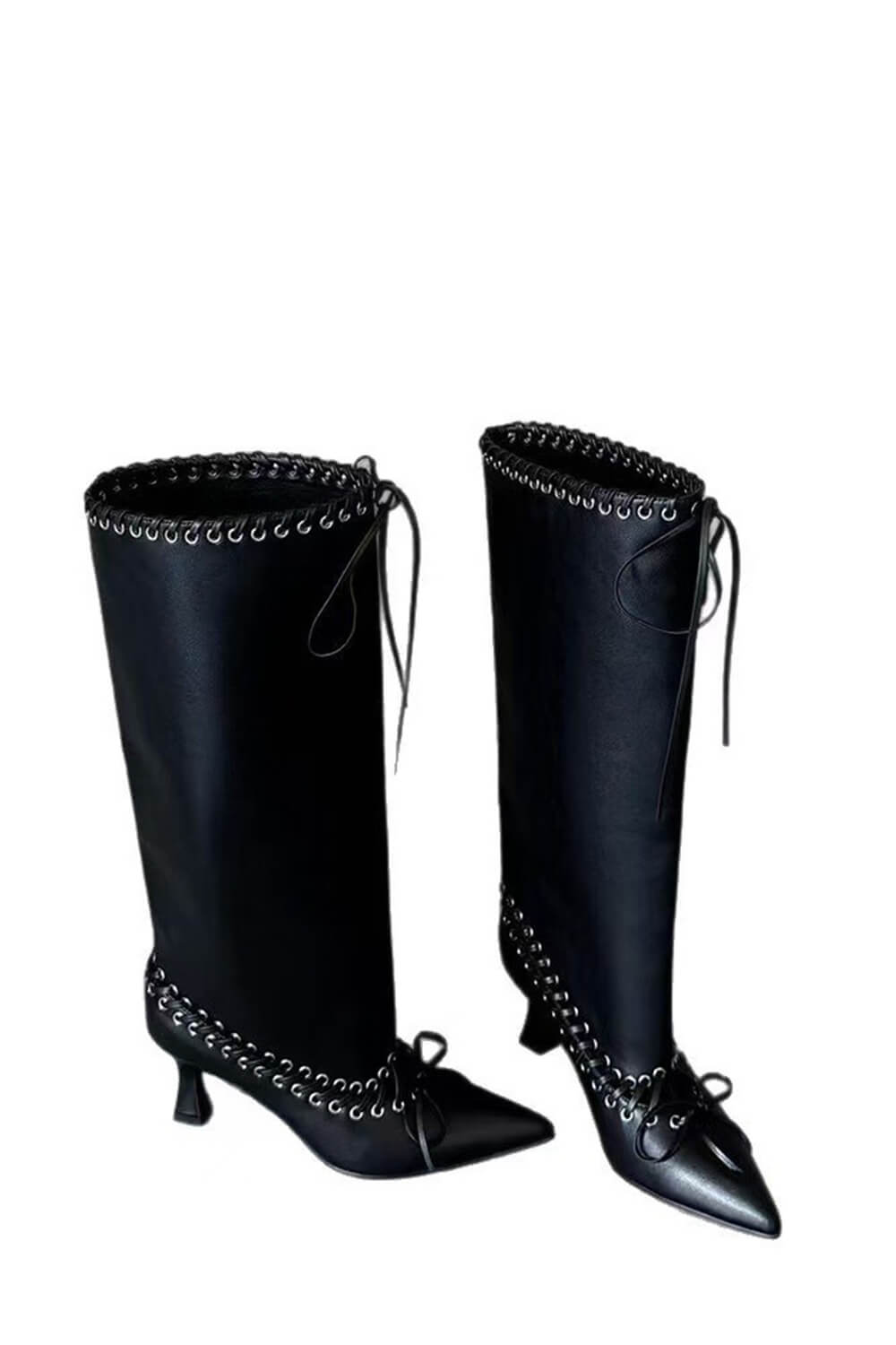 Faux Leather Pointed Toe Laced Eyelet Knee High Boots