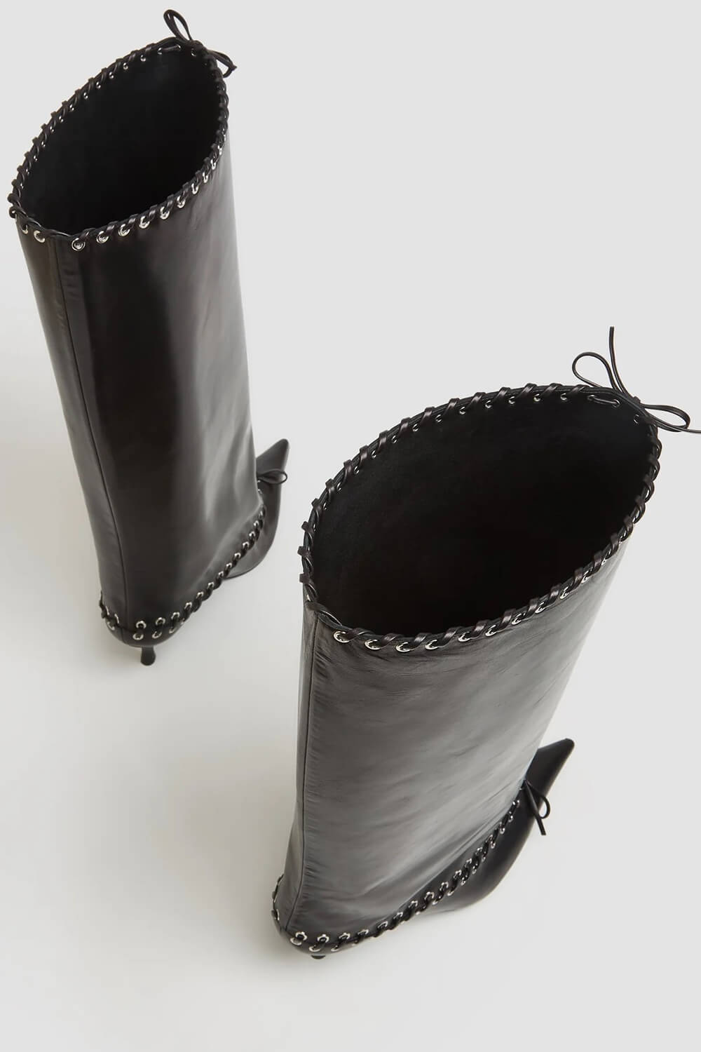 Faux Leather Pointed Toe Laced Eyelet Knee High Boots
