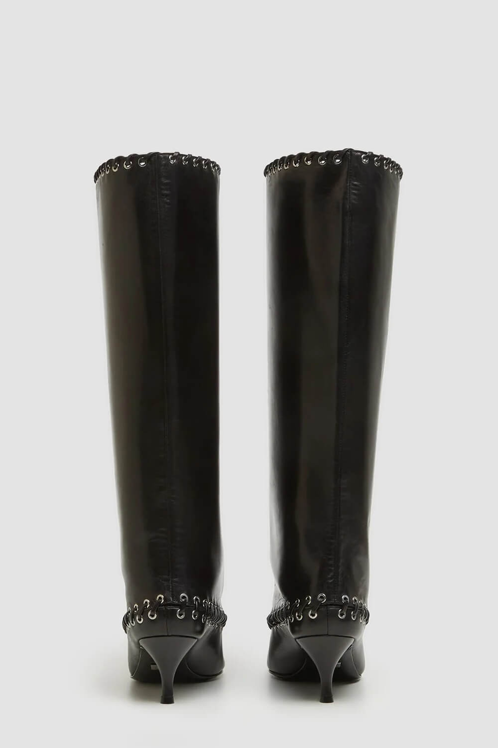 Faux Leather Pointed Toe Laced Eyelet Knee High Boots