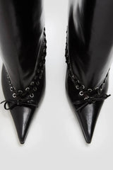 Faux Leather Pointed Toe Laced Eyelet Knee High Boots
