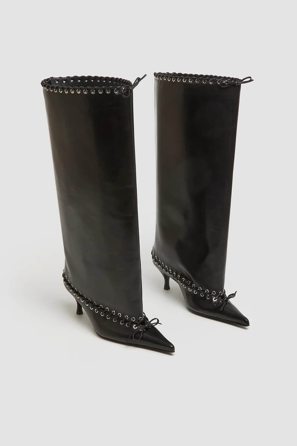 Faux Leather Pointed Toe Laced Eyelet Knee High Boots