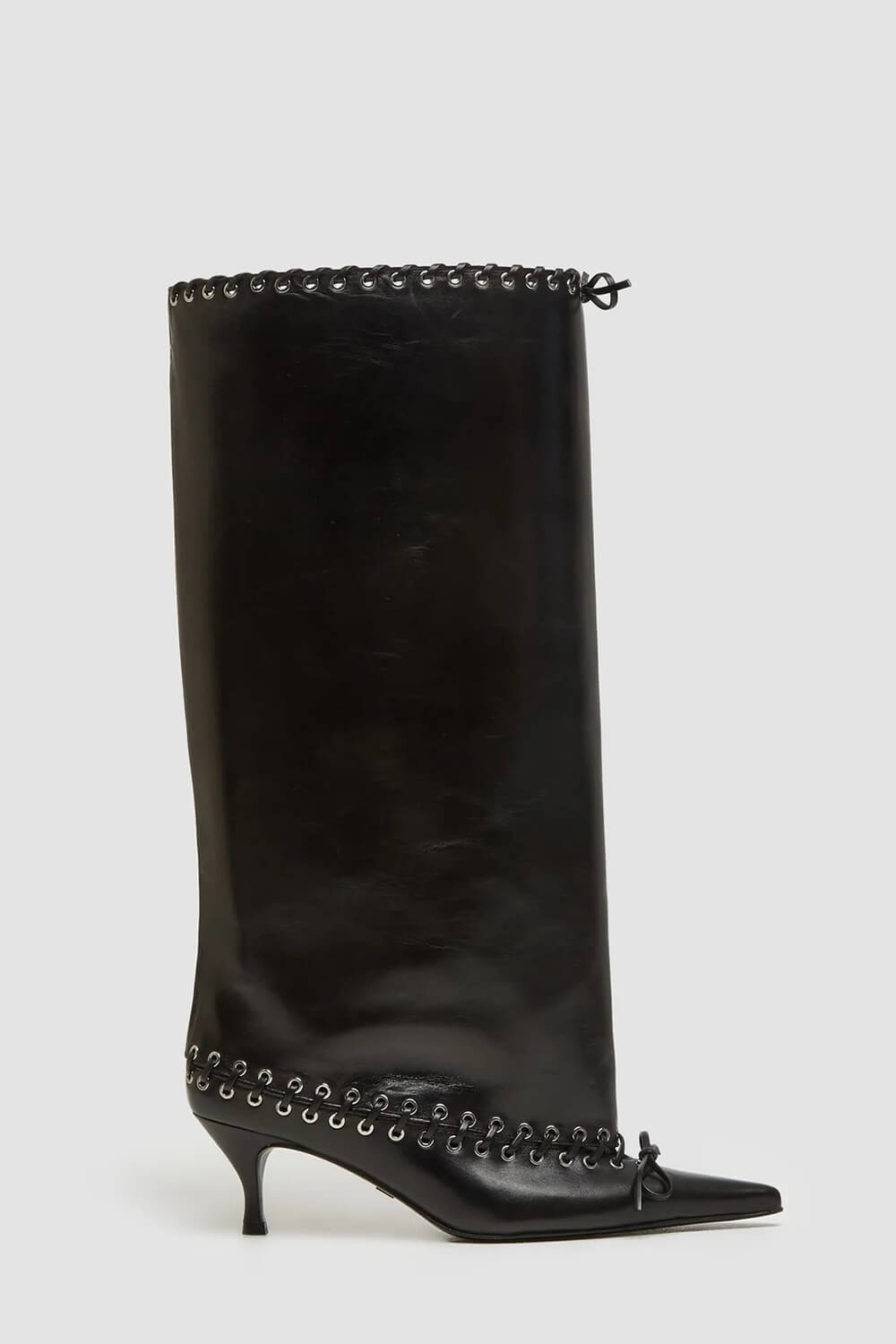 Faux Leather Pointed Toe Laced Eyelet Knee High Boots