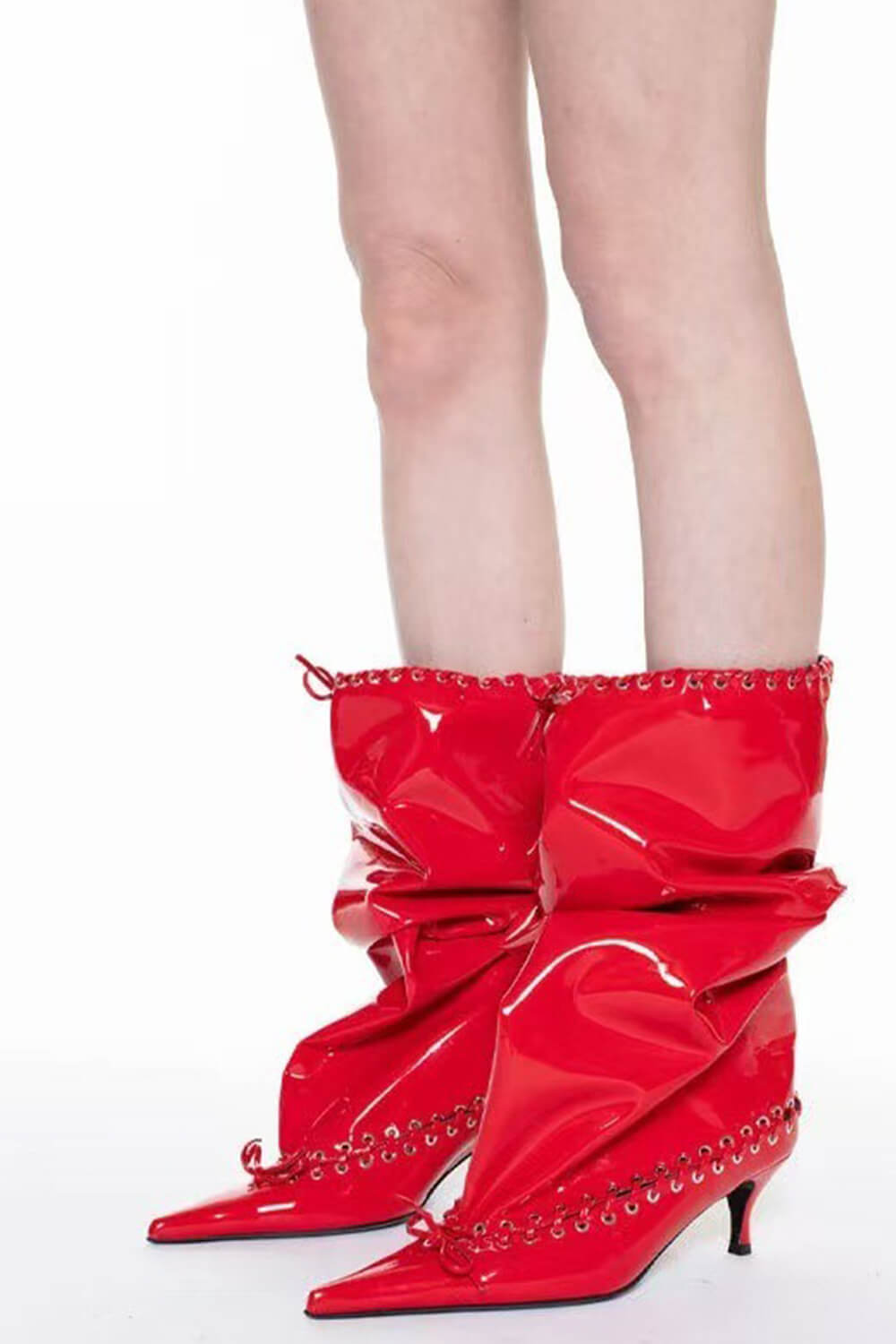 Patent Pointed Toe Ankle Stiletto Boots With Lacing Details