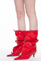 Patent Pointed Toe Ankle Stiletto Boots With Lacing Details