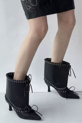 Faux Leather Pointed Toe Ankle Stiletto Boots With Lacing Details