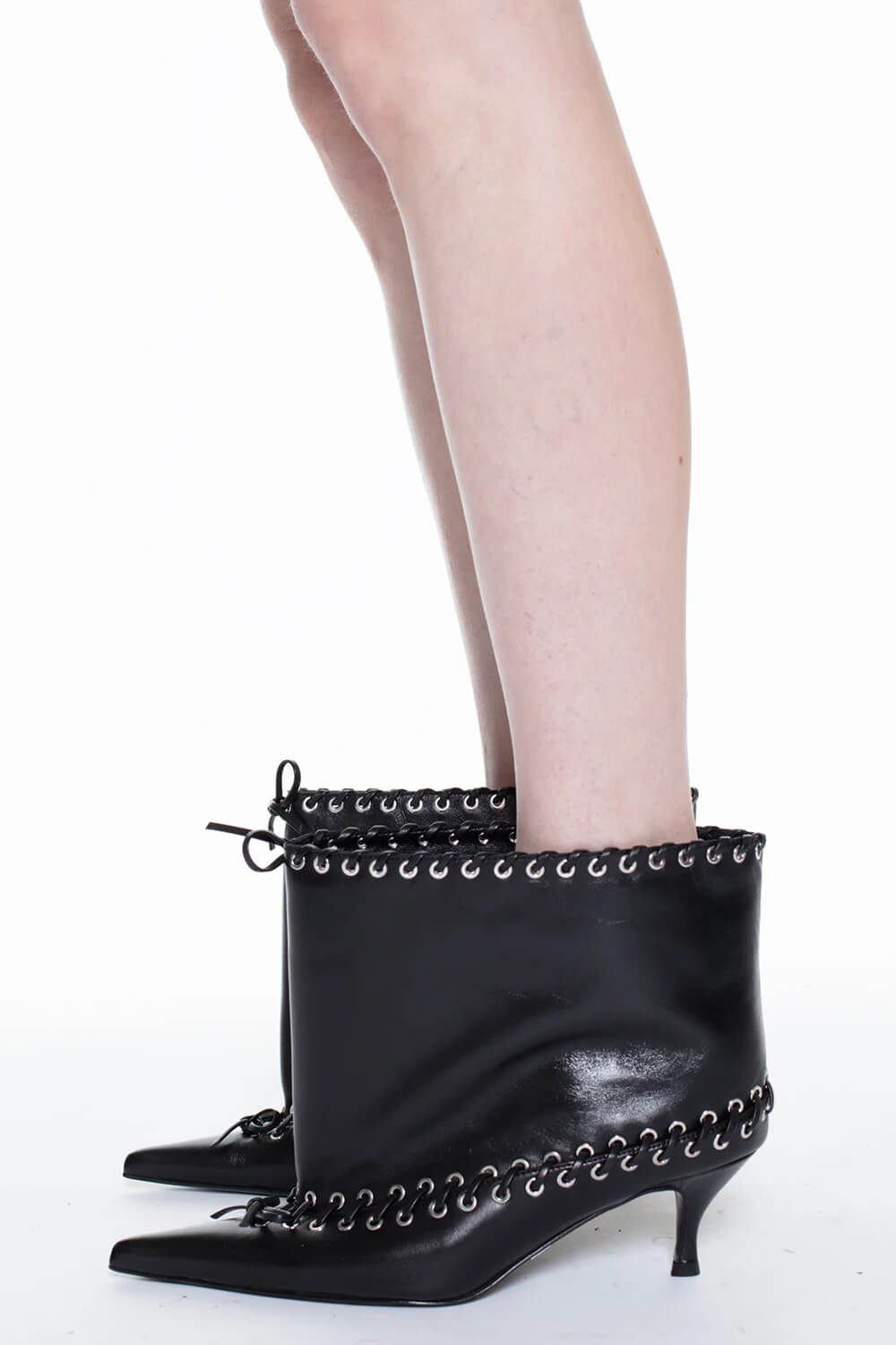 Faux Leather Pointed Toe Ankle Stiletto Boots With Lacing Details