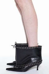 Faux Leather Pointed Toe Ankle Stiletto Boots With Lacing Details