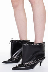 Faux Leather Pointed Toe Ankle Stiletto Boots With Lacing Details