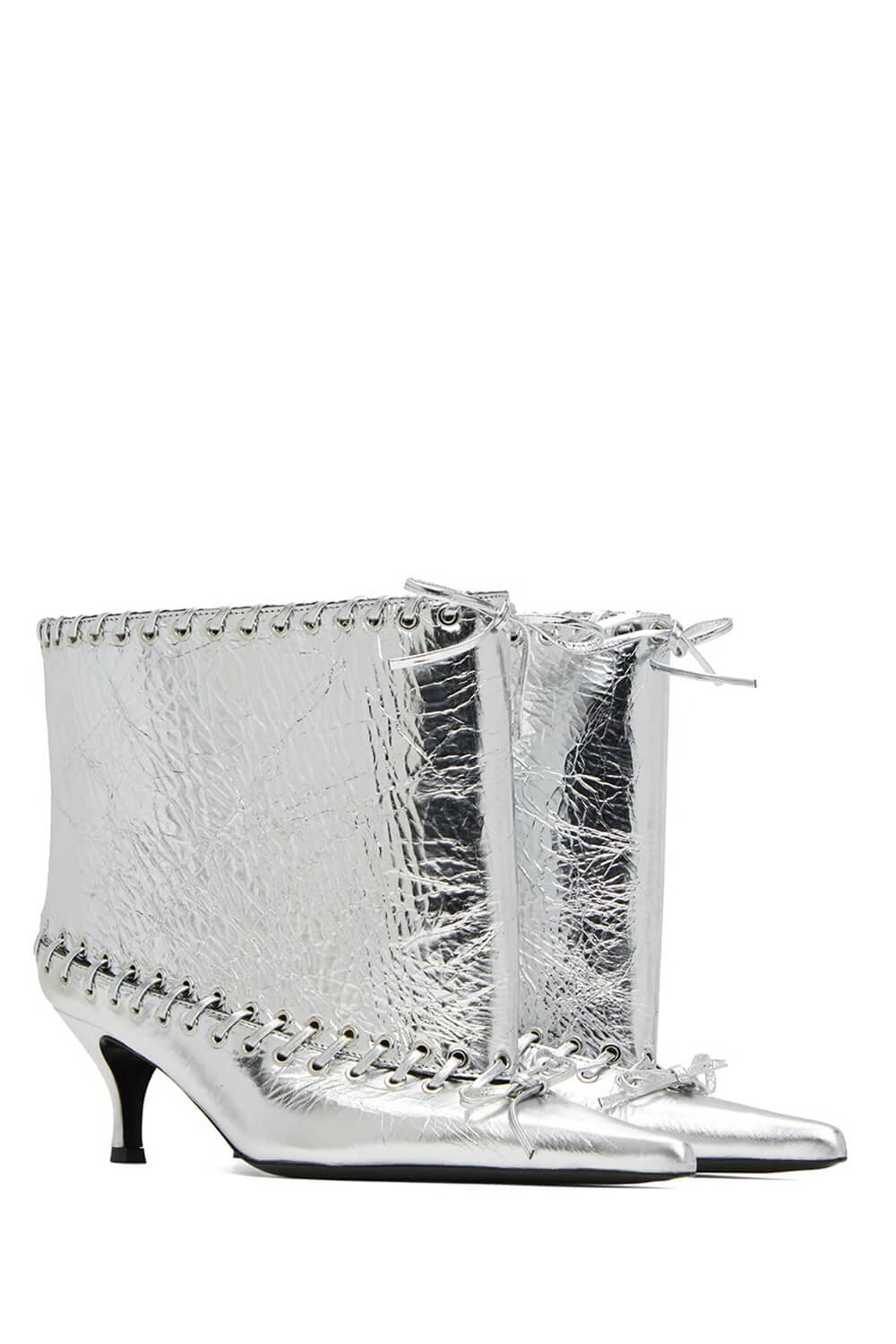Metallic Pointed Toe Ankle Stiletto Boots With Lacing Details