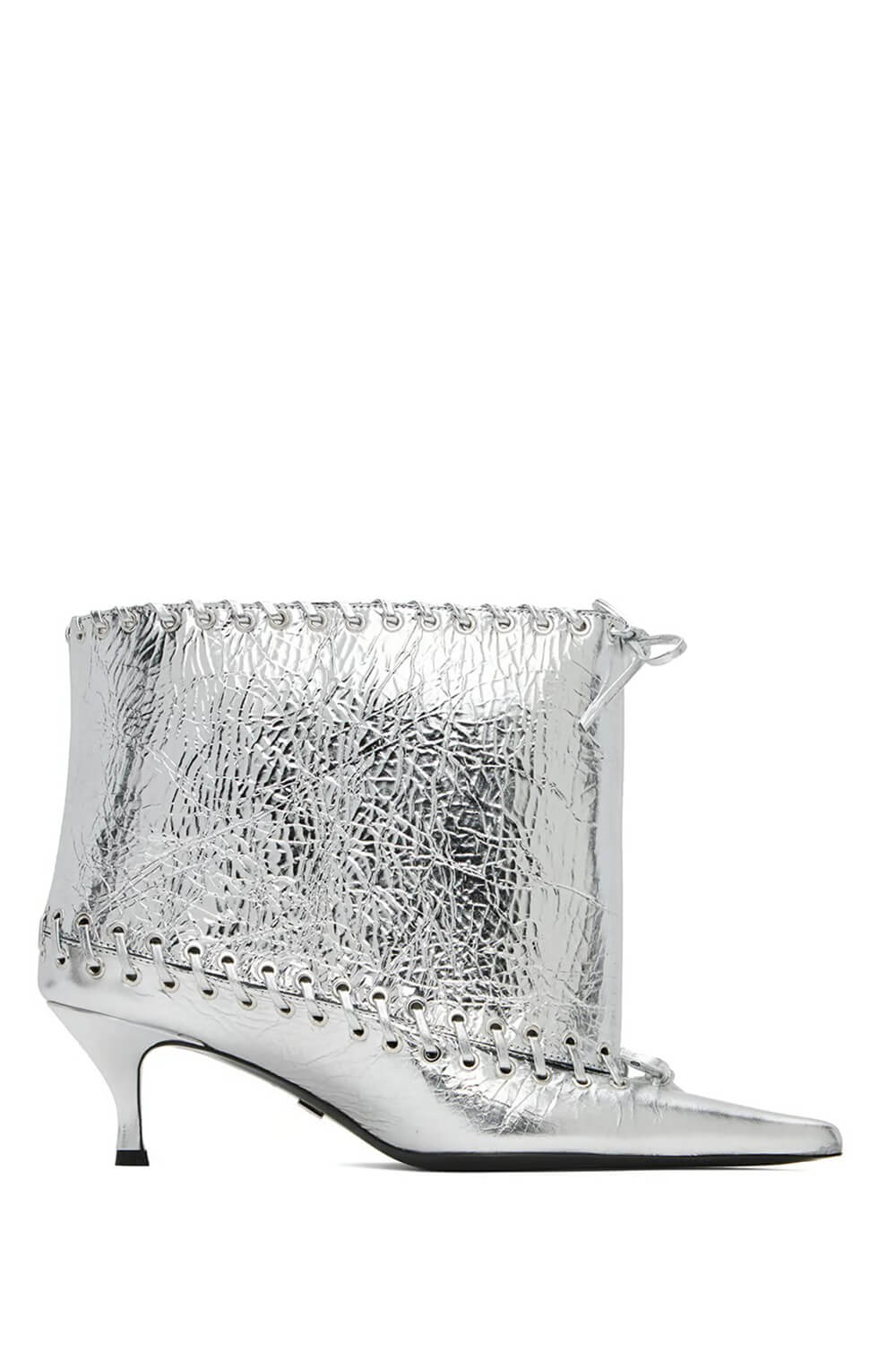 Metallic Pointed Toe Ankle Stiletto Boots With Lacing Details