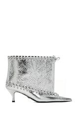 Metallic Pointed Toe Ankle Stiletto Boots With Lacing Details