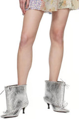 Metallic Pointed Toe Ankle Stiletto Boots With Lacing Details