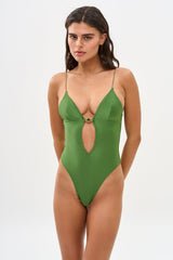 V Neck Cut Out One Piece Swimsuit With Gemstone Accents Details